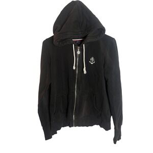 Tommy Hilfiger Hoodie Mens Small Black Anchor Logo Full Zip Sweatshirt Nautical